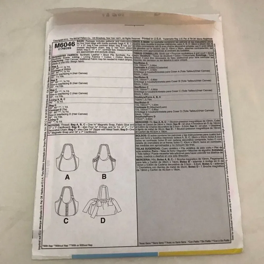 #M6046 McCalls purse tote sewing pattern,